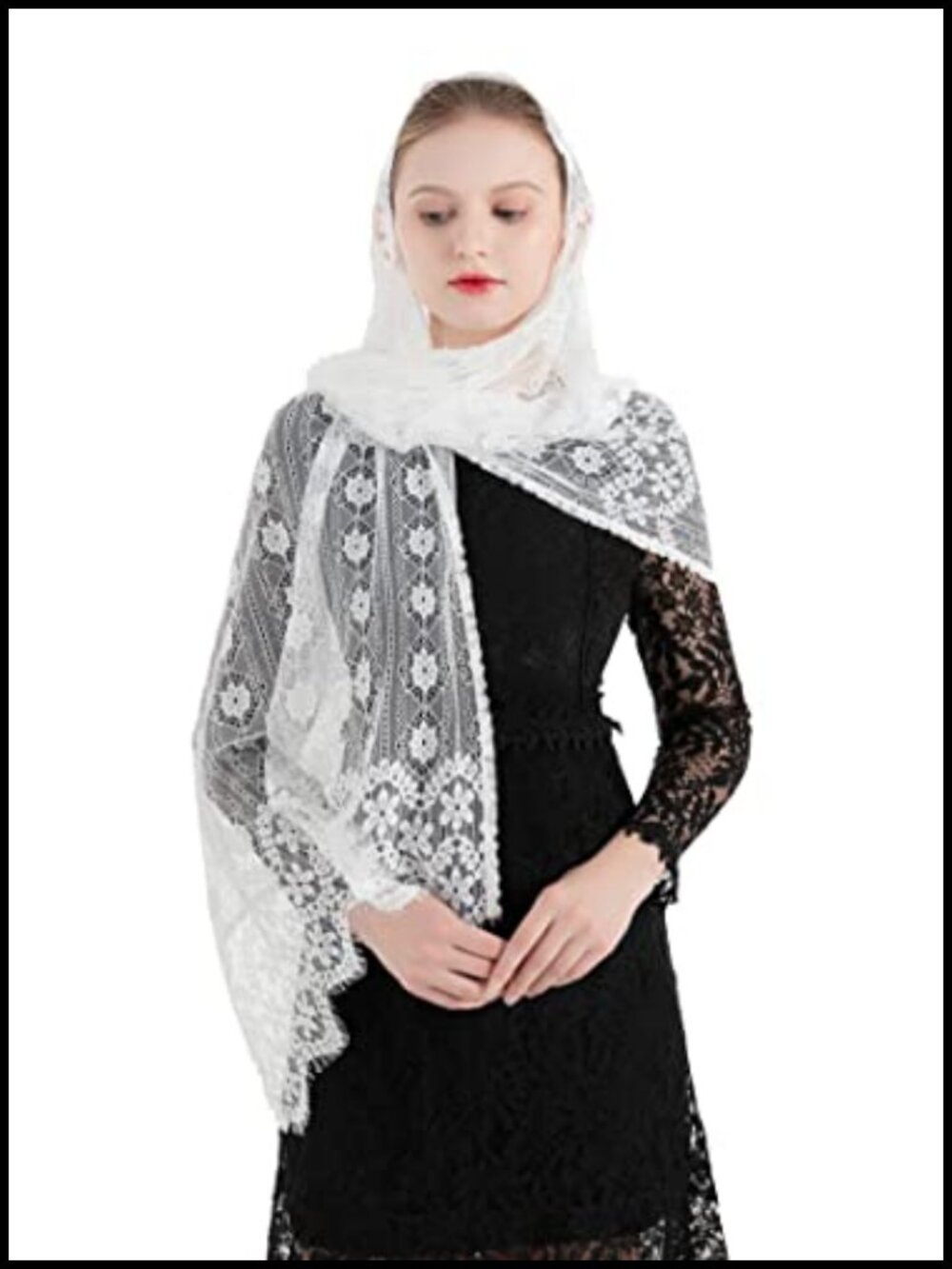 Embroidered Lace Mantilla Veil Rectangular Wrap Shawl Scarf Head Covering for